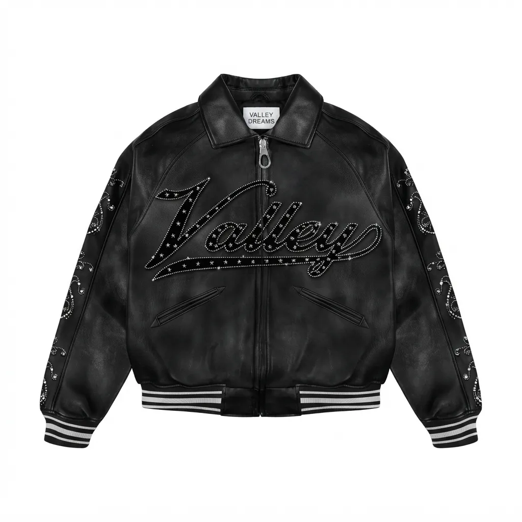 Valley Dreams Studded Black Leather Bomber Jacket Valley Dreams Studded Black Leather Bomber Jacket